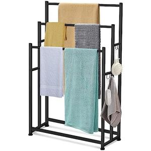 47.6 Inch Tall Free Standing Towel Racks 3 Tier Pool Towel Rack Outdoor Oversized Floor Bath Towel Drying Valet Holder Blanket Quilt Rack Stand for Bathroom Bedroom Beach Hot Tub Gym Pool Area Outside (Black)
