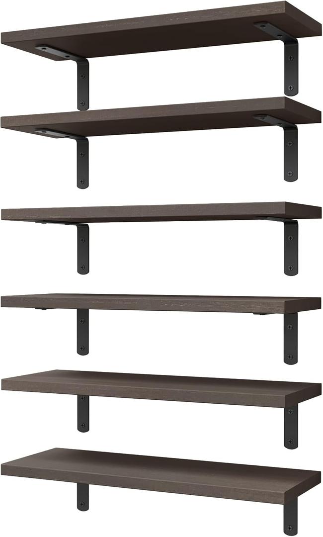 WOPITUES Wood Floating Shelves Set of 6, Shelves for Wall Decor, Farmhouse Shelf for Bedroom, Bathroom Storage Shelves, Book Shelves for Living Room, Dark Brown (16.5 Inch)