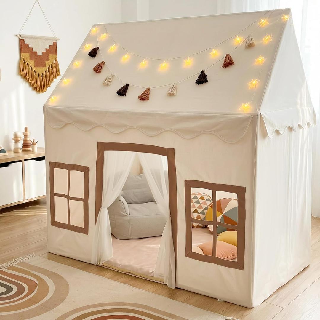 Play Tent with Mat, Star Light, Large Kids Playhouse with Windows Easy to Wash, Indoor and Outdoor Play Tents for Kids, Little Dove Toys for Girls, Boys, 52x35x52 (Beige Playhouse, Large Size)