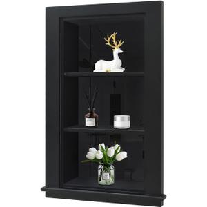 14 x 24 Recessed Medicine Cabinet, Black Bathroom Wall Cabinet, 3-Tier Wall Niche with Glass Interior, for Bathroom Storage