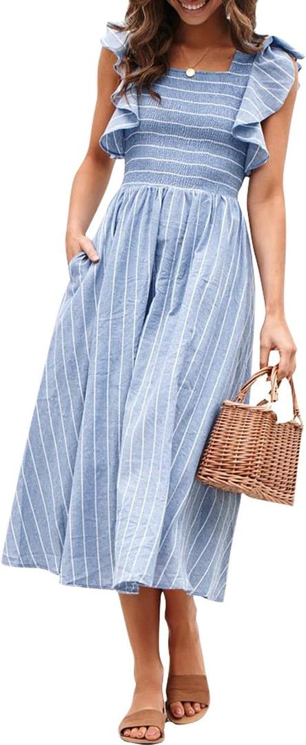 Miessial Women's Summer Midi Dress Casual Short Sleeve Smocked Linen Dresses 2025 Boho Beach Wedding Guest Dress with Pockets (M, Blue Stripe)