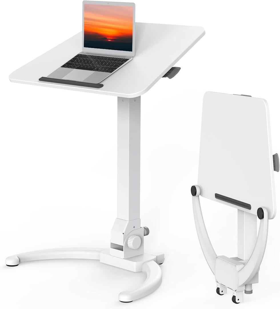 JOY worker Foldable Mobile Standing Desk, Height Adjustable Sit Stand Desk, 90 Tiltable Rolling Laptop Table, Portable Workstation with Wheels Non-Slip Mat for Home Office, Holds Up to 22lbs, White (Height range:29.9-44.9")