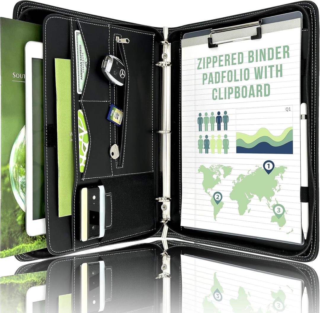 STYLIO Zipper Portfolio Binder | Padfolio 3 Ring Binder (1") and Clipboard Folio (Removable) | Portfolio Organizer for Documents, iPad, Tablet, Phone | Faux Leather Notebook for Men & Women (Black)