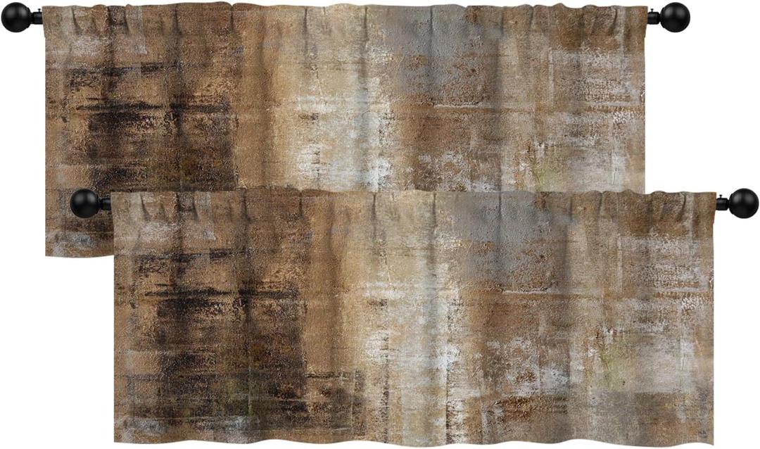 Brown Grey Valances for Windows 2 Pack, Abstract Art Valance Curtains, Modern Decorative Valance Rod Pocket Window Treatments for Living Room, Bedroom, Kitchen, 52" W x 18" L