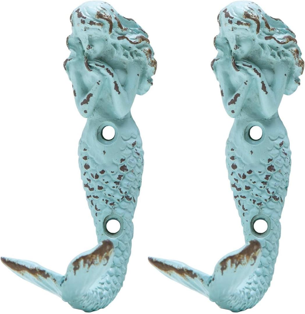 SOFFEE DESIGN 2pcs Mermaid Shape Metal Wall Coat Hooks, Farmhouse Decoration Wall Mounted Hanging Racks Coat Hooks for Keys, Towels, Clothes, Scarf, Bag (Green Praying Mermaid)