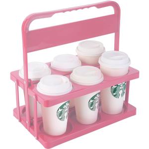 Reusable Drink Carrier with Handle for Doordash, Grubhub, Portable Cup/Coffee Holder Accessories for Delivery, Foldable Drinks Caddy with Tray, Car Durable Plastic Festive Bottle, Vacation Container (Pink)