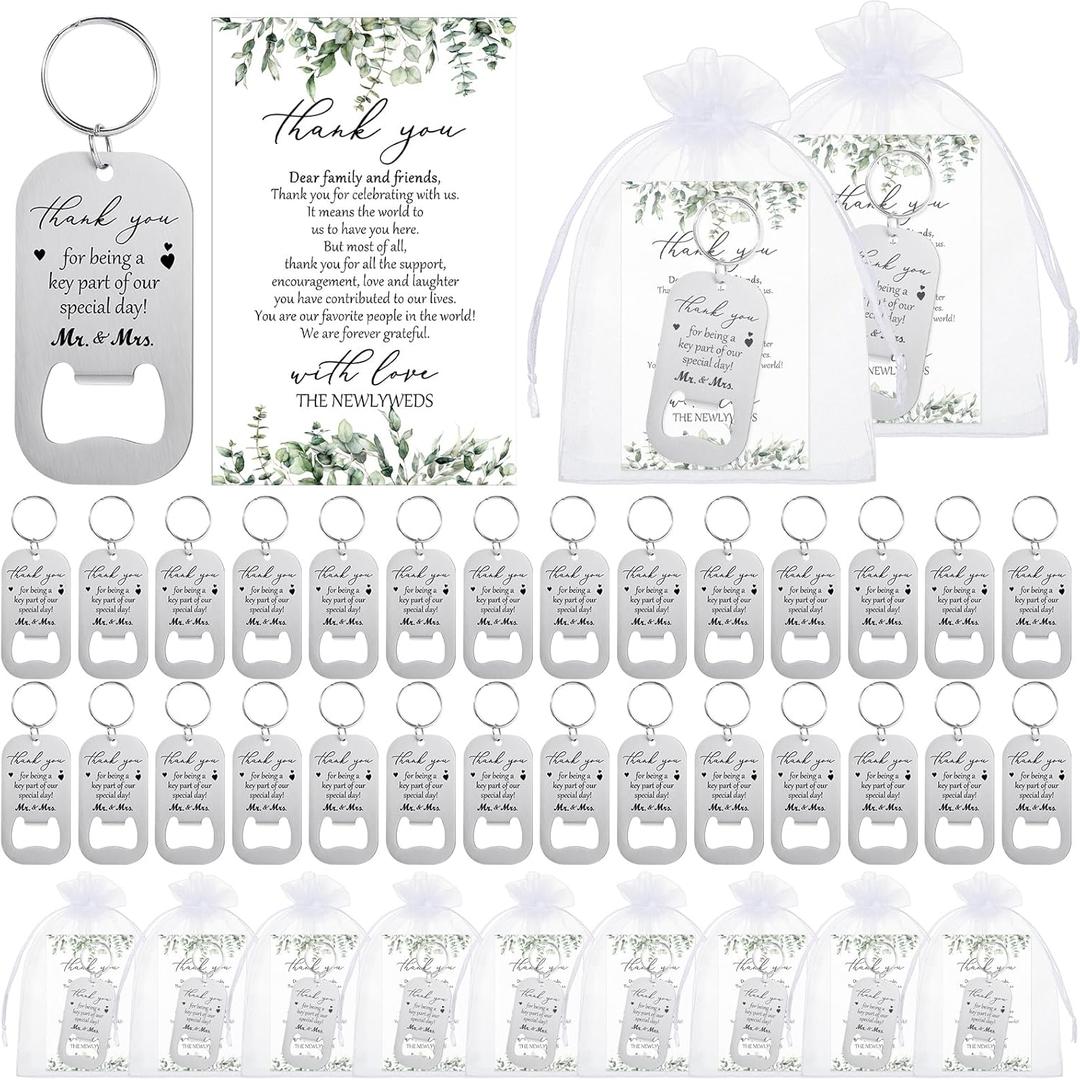 FoldTier 100sets Wedding Favors for Guests Include Key Bottle Opener Beer Bottle Opener Keychain Thank You Cards and Organza Bags Bridal Shower Wedding Party Souvenirs Gifts (Thank You)