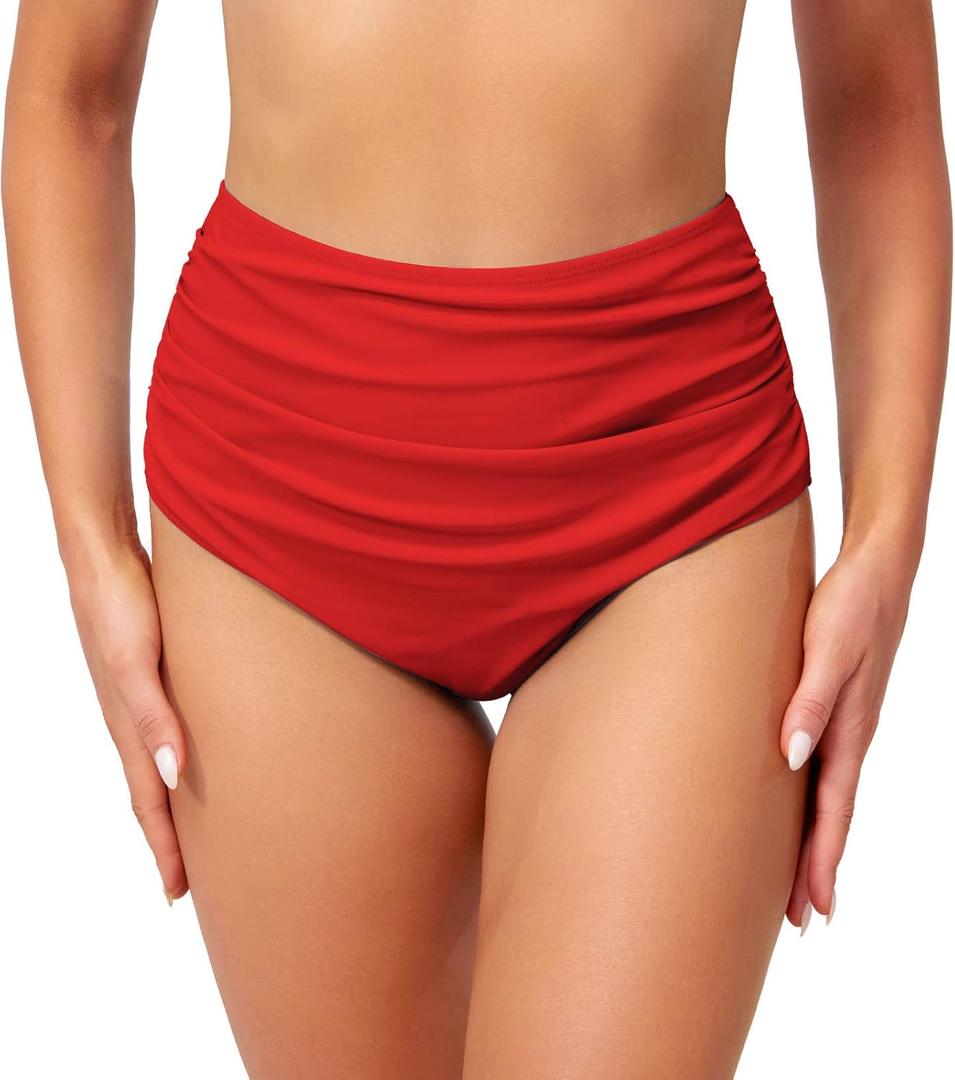 Edelqual Women's High Waisted Bikini Bottom Tummy Control Full Coverage Ruched Bathing Suit Swimsuit Tankini Swim Shorts (X-Large, Red)