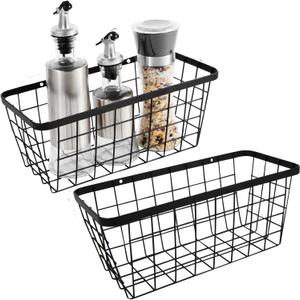 2 Pack Hanging Wall Basket Organizer Over the Cabinet Door Wire Baskets for Organizing -Space-Saving Hanging Baskets for Organizing Wall Mount Storage,No Drilling Adhesive Wall Storage Basket, Black
