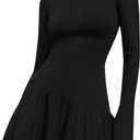 Women's Sweater Dress Crochet Ribbed Knit Ruffle Hem Flared Long Sleeve Mock Neck Mini Dress (Large, Black)