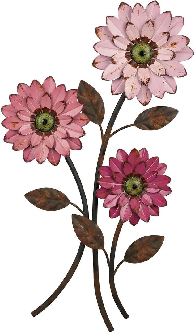 Xuhal Metal Flower Wall Art, 15.75 Inch Vintage Daisy Wall Decor, Rustic Metal Floral Hanging Farmhouse Spring Leaf Sculpture for Living Room Bedroom Indoor Outdoor(Pink)