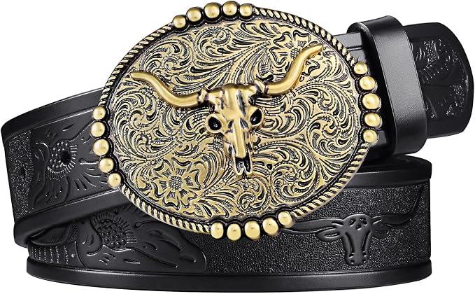 FIORETTO Western Cowboy Belts for Men Women Cowgirl Leather Belt Big Buckle Bull Belt for Jeans Black