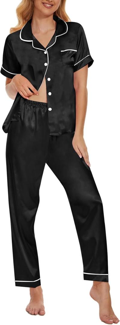 YIJIU Womens Silk Satin Pajamas Set Short Sleeve Sleepwear Soft Button Down Loungewear Two-piece Pjs Sets (Black), M