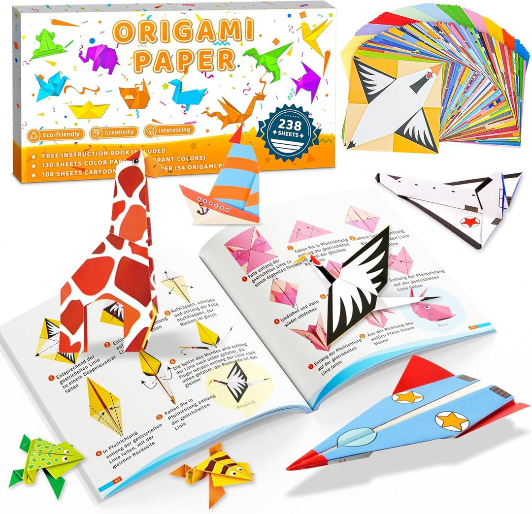 MOBYKE 238 Sheets Origami Paper, Oragami kit for Kids ages with 54 Patterns Projects, Double Sided Colored Blank Orgami Bulk Folding Book, Square Craft Patterned Papers Gift Set for Beginners Boy Girl