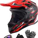 Adult Motocross Dirt Bike Helmet with Goggle, Gloves & Mask - DOT/FMVSS-218 Off-Road Motorcycle & ATV Helmet with Adjustable Sun Visor (XX-Large, Red Black)