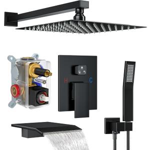 Shower System with Tub Spout, 12-Inch High-Pressure Rain Showerhead and Handheld Combo, Matte Black Shower Faucet Set with Rough-in Valve and Trim, Wall Mounted 3-Way Shower Set