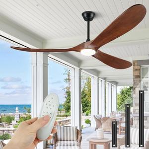 60" Outdoor Ceiling Fans with Lights and Remote Control, 3 Blade Ceiling Fan with Lights High CFM Quiet Wood Walnut Outdoor Fan, Propeller Ceiling Fan for Outdoor/Indoor/Patio,Deep Walnut