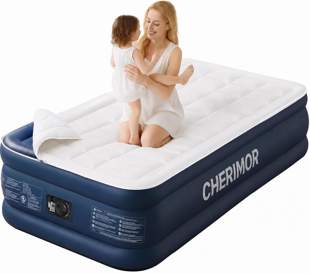 CHERIMOR Twin XL Air Mattress with Built-in Pump 20"& Luxury Quilted Topper