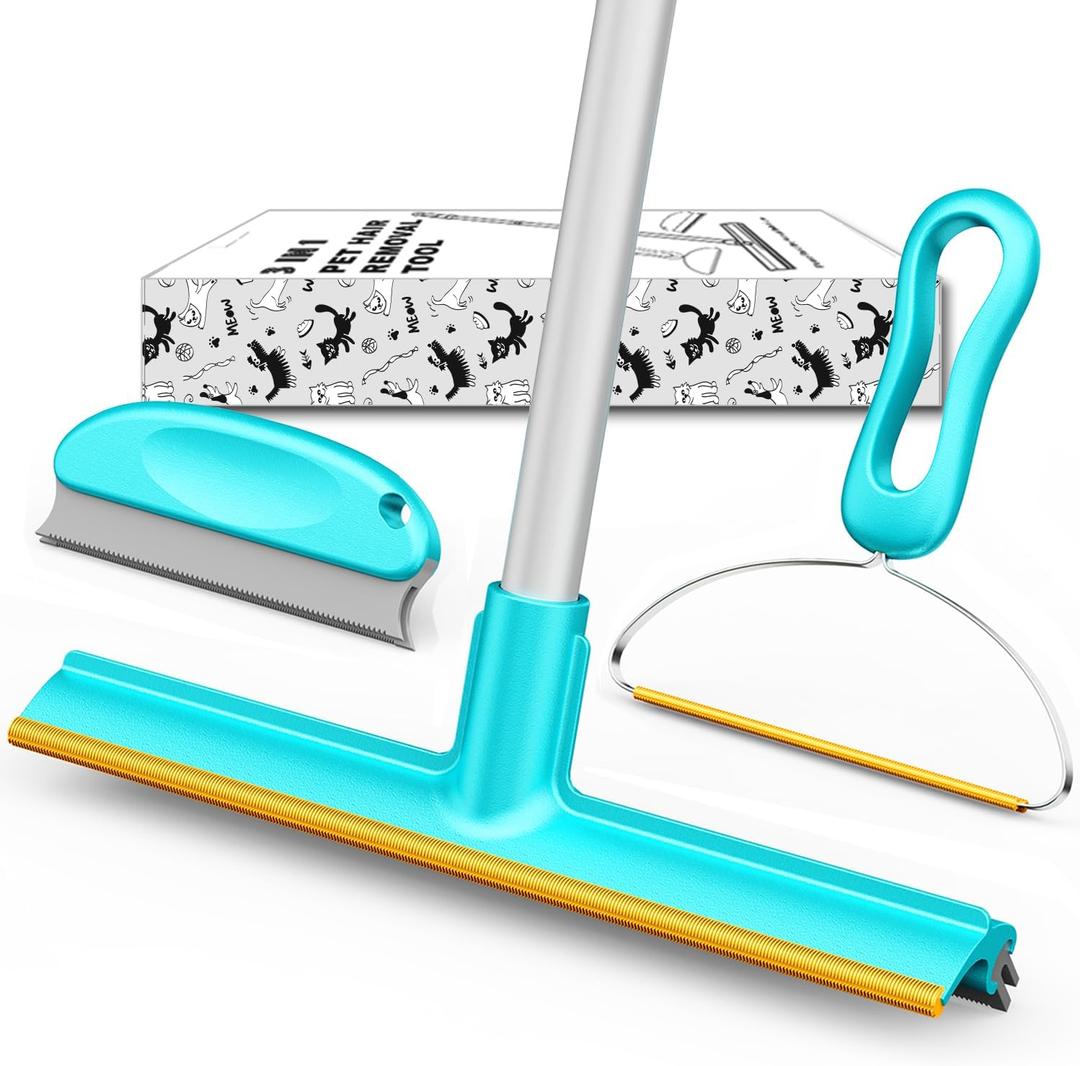 Carpet Rake for Pet Hair Removal (3 Pack), Dog Cat Fur Remover Rubber Broom, Lint Shaver Cleaner Tools Pro, Long Handle Carpet Scraper Brush for Carpet, Rug, Car Mat, Couch, Pet Bed, Furniture