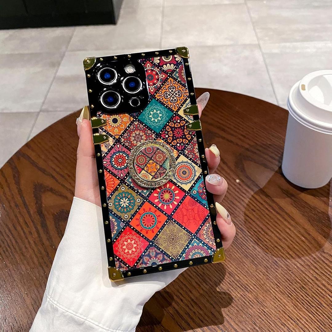 Compatible with iPhone 16 Pro Max Rectangle Case with Diamond Ring Holder Glitter Women Girl Retro Elegant Mandala Soft Protective Kickstand Case Metal Reinforced Corners Shockproof Bumper Cover 6.9''