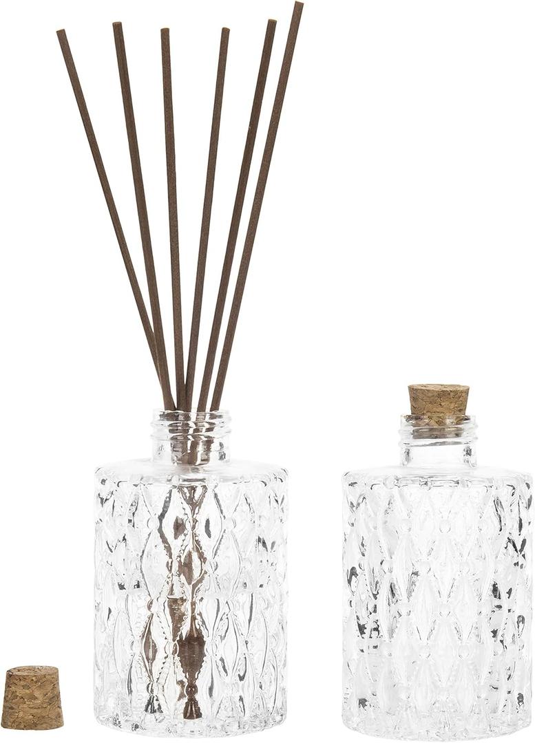 MyGift Small Clear Glass Reed Diffuser Bottles, Vintage Embossed Apothecary Style Flower Bud Vases with Cork Lids, Set of 2