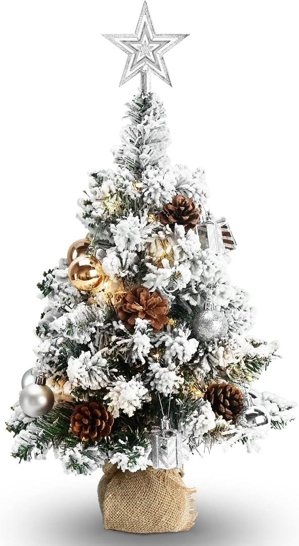 24 Inch Snowy Mini Christmas Tree, Small Tabletop Flocked Tree with LED Lights, Pine Cones, Balls, Star Tree Topper, Gift Box and Cloth Bag Base, Xmas Decorations (Christmas Tree) (White)