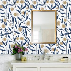 HAOKHOME Peel and Stick Wallpaper Boho Floral White/Navy/Tan Bathroom Wall Paper Stick on Contact Paper 17.3in x 32.8ft