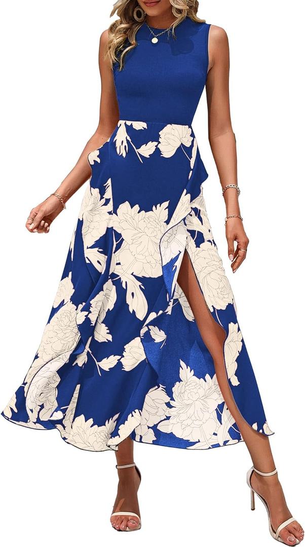 BTFBM Summer Dresses for Women 2026 Casual Spring Floral Sleeveless Ruffle Boho Cocktail Wedding Guest Party Midi Dress (Blue, L)