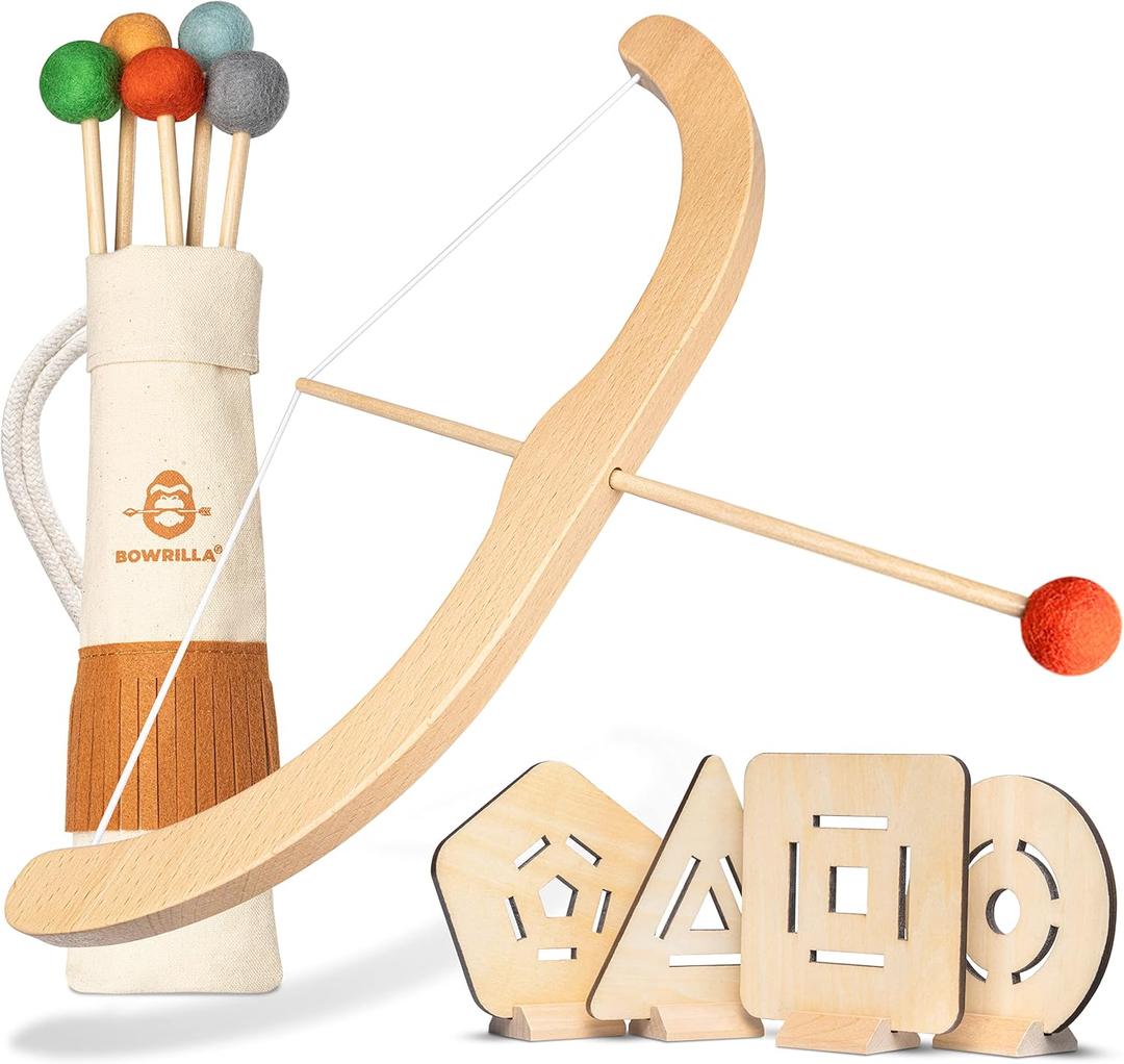 BOWRILLA Kids Bow and Arrow Set | Wooden Archery Toy for Boys & Girls Aged 3-7, Bow and Arrow for Kids | Includes 5 Arrows, 4 Targets, Cotton Quiver | Indoor & Outdoor Play