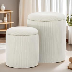 Round Ottoman with Storage, Set of 2, Small Vanity Stool with Storage as Vanity Chair, Corduroy Beige Ottoman Foot Rest for Small Space, Bedroom and Living Room