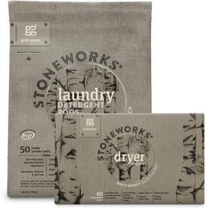 Grab Green Stoneworks Laundry Detergent Pods and Dryer Sheet Bundle, 50 Count Pods and 80 Dryer Sheets, Birch Branch Scent, Plant and Mineral Based Laundry Care Set