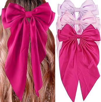 3Pcs Satin Hair Accessories: Big Bows, Hair Ties, and Long Tail Clips for Women and Girls (Purple, Pink, Magenta), Pack of 2
