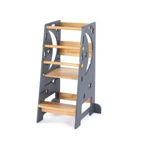 Grey Toddler Standing Tower with 3-Seat & 2-Step Adjustable Heights - Kitchen Helper Stool with 4 Stable Support Feet & Wipeable Panels - Safe Design