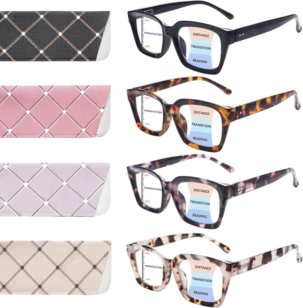 4 Pack Progressive Multifocus Reading Glasses for Women Stylish Blue Light Blocking Computer Readers (4 Mix C1)