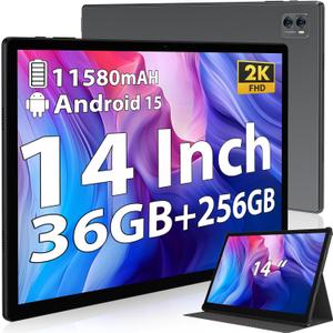Tablet 14 Inch Android 15 Tablets, 2000*1200 IPS Display Tablets, 256GB Storage(Expand to 2TB) + 36GB,11580 mAh 18W PD Fast Charger, 8 Core CPU,4 Speakers, 5G WiFi, 8+13MP, Tablet with Case - Black