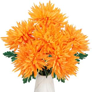 Hollyone 6Pcs Fall Flowers Artificial for Decoration Orange Artificial Mums for Outdoors Fall Mums Decor Faux Chrysanthemum 25.6" Long Stem Spider Mum Silk Flower Arrangements Fake Bouquets Autumn