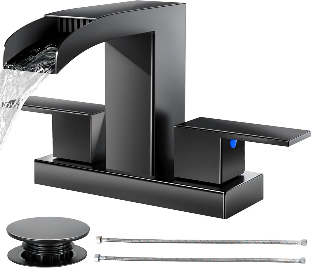 Cobbe Waterfall Bathroom Faucets 3 Hole, Matte Black Bathroom Sink Faucet Square 4 Inch Centerset with Pop-Up Drain, 2 Handle and 2 Supply Hoses, Lead-Free Stainless Steel for Vanity Sink Rv