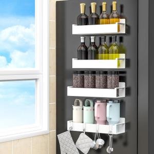 HuggieGems 4 Pack Magnetic Spice Rack Organizer for Refrigerator and Oven, White Fridge Organizers and Storage for Kitchen