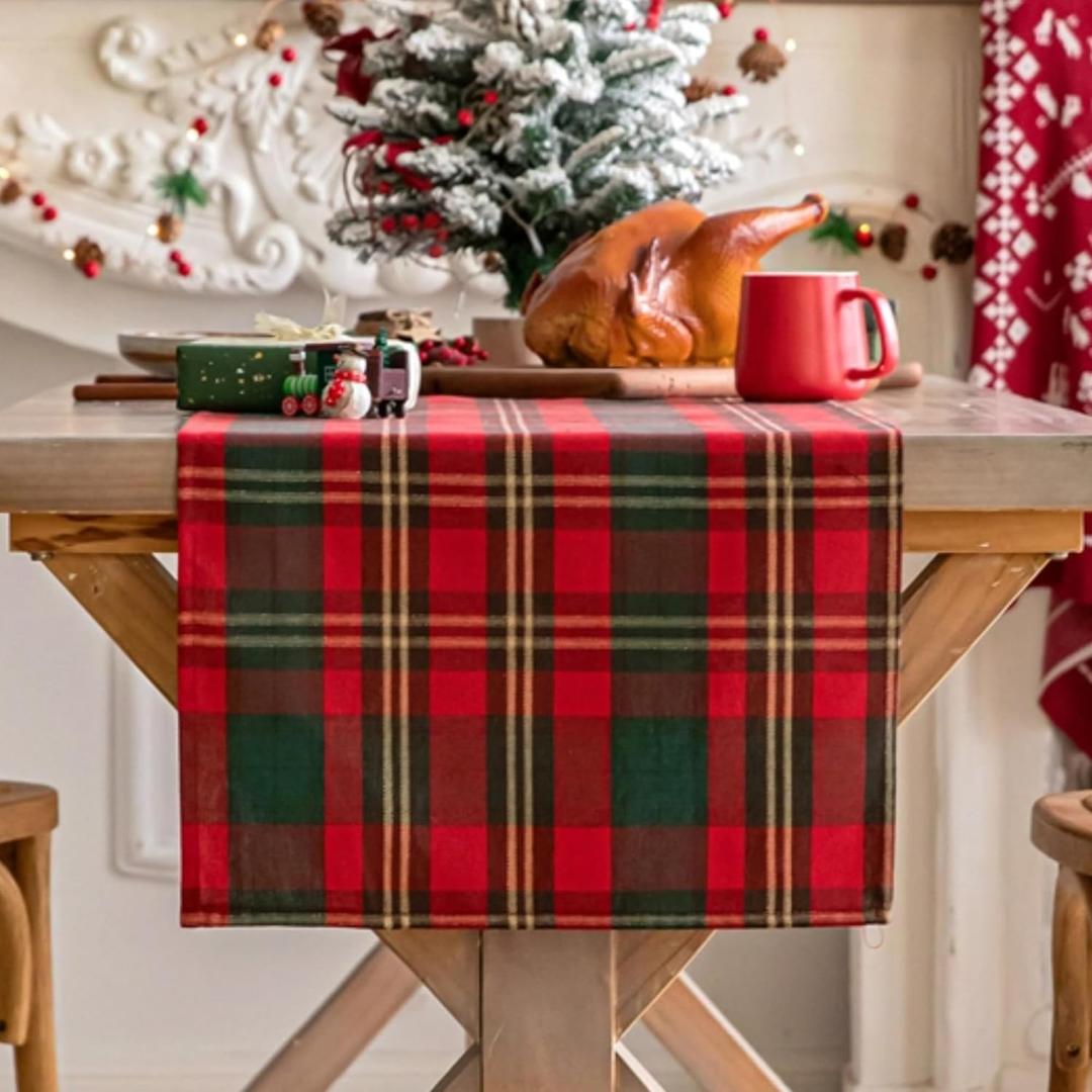 Red Green Gold Plaid Christmas Table Runner, Winter Holiday Table Runners 72 inches Long Xmas Decorations Indoor Outdoor Farmhouse Home Kitchen Dining Party Decor