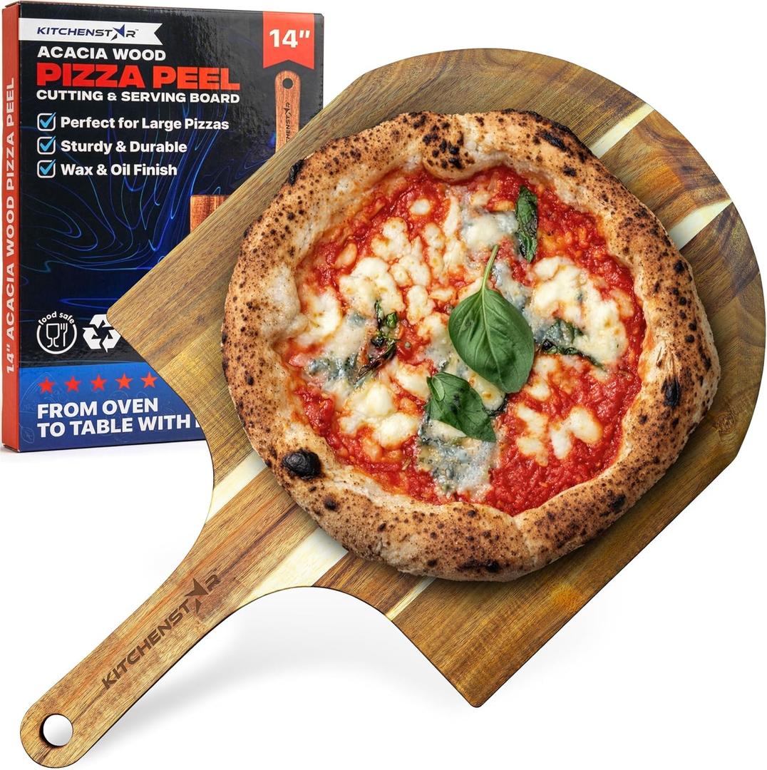 KitchenStar 14-Inch Acacia Wood Pizza Peel Large Wooden Cutting & Serving Board with Handle Natural Oil Finish Ideal Pizza Oven Accessory for Easy Sliding & Prep