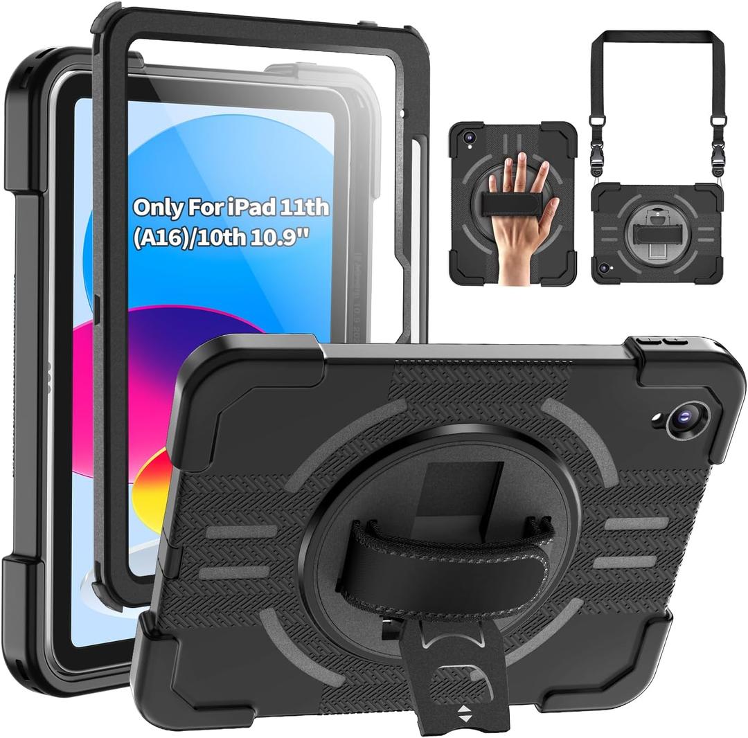 Waterproof Case for iPad 11th(A16) 2025&10th 2022 10.9", IP68 Waterproof, Full-Body Shockproof, Built-in Screen Protector, 360 Rotating Kickstand with Adjustable Shoulder Strap, Black