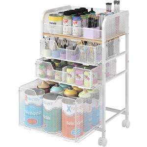 4-Tier Rolling Utility Cart with 3 Drawers-White Craft Organizers and Storage with DIY Dividers, Under Desk Art Supply Storage Organizer with 360 Lockable Wheels for Brushes Artifacts Patent Pending