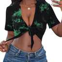 LovelyWholesale Graphic Crop Tops for Women Sexy Tie Front Top Summer Short Sleeve V Neck T Shirt (X-Large, Black Green T)