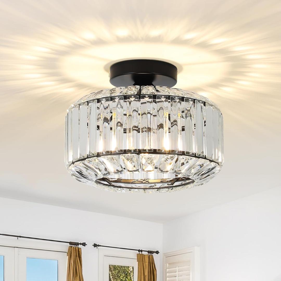 Crystal Semi Flush Mount Ceiling Light, Black Kitchen Lighting Fixtures Ceiling, Modern Bedroom Chandelier Living Room Light Fixtures Ceiling Mount, Bathroom Ceiling Light for Entryway Hallway (Black)