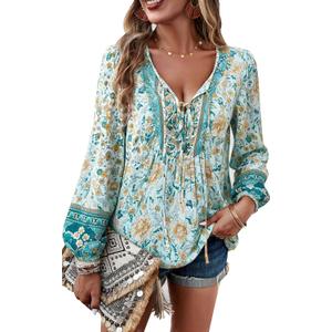 Women's Casual Floral Print V Neck Top Loose Boho Long Sleeve Beach Shirts Blouses XL