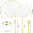 bUCLA 600PCS Clear Plates with Gold Trim - Clear Gold Dinnerware Set Disposable Include 100 Dinner/100 Dessert Plates, 100 Knives, 100 Forks, 100 Spoons, 100 Cups for Wedding, Party