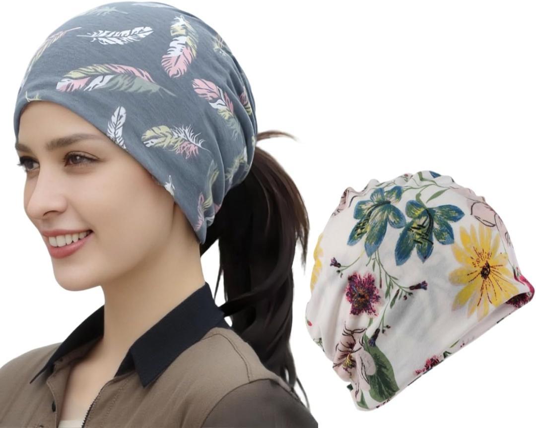 LECHI 2 Pieces Womens Slouchy Beanie Cotton Chemo Caps Lighweight Soft Skull Caps for Chemo Sleep