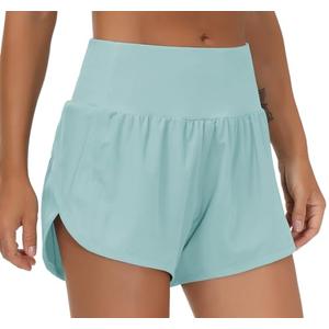 THE GYM PEOPLE Womens High Waisted Running Shorts Quick Dry Athletic Workout Shorts with Mesh Liner Zipper Pockets Light Blue M