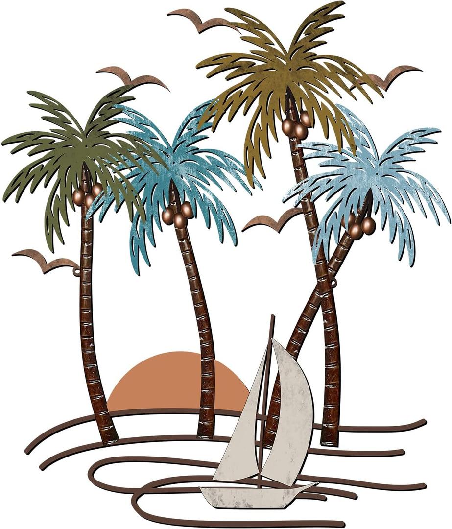 Shimeyao Coastal Metal Wall Art Palm Tree Metal Wall Art Outdoor Beach Bathroom Decor Tropical Tree Sculptures for Indoor Outdoor Decor(Sailboat)