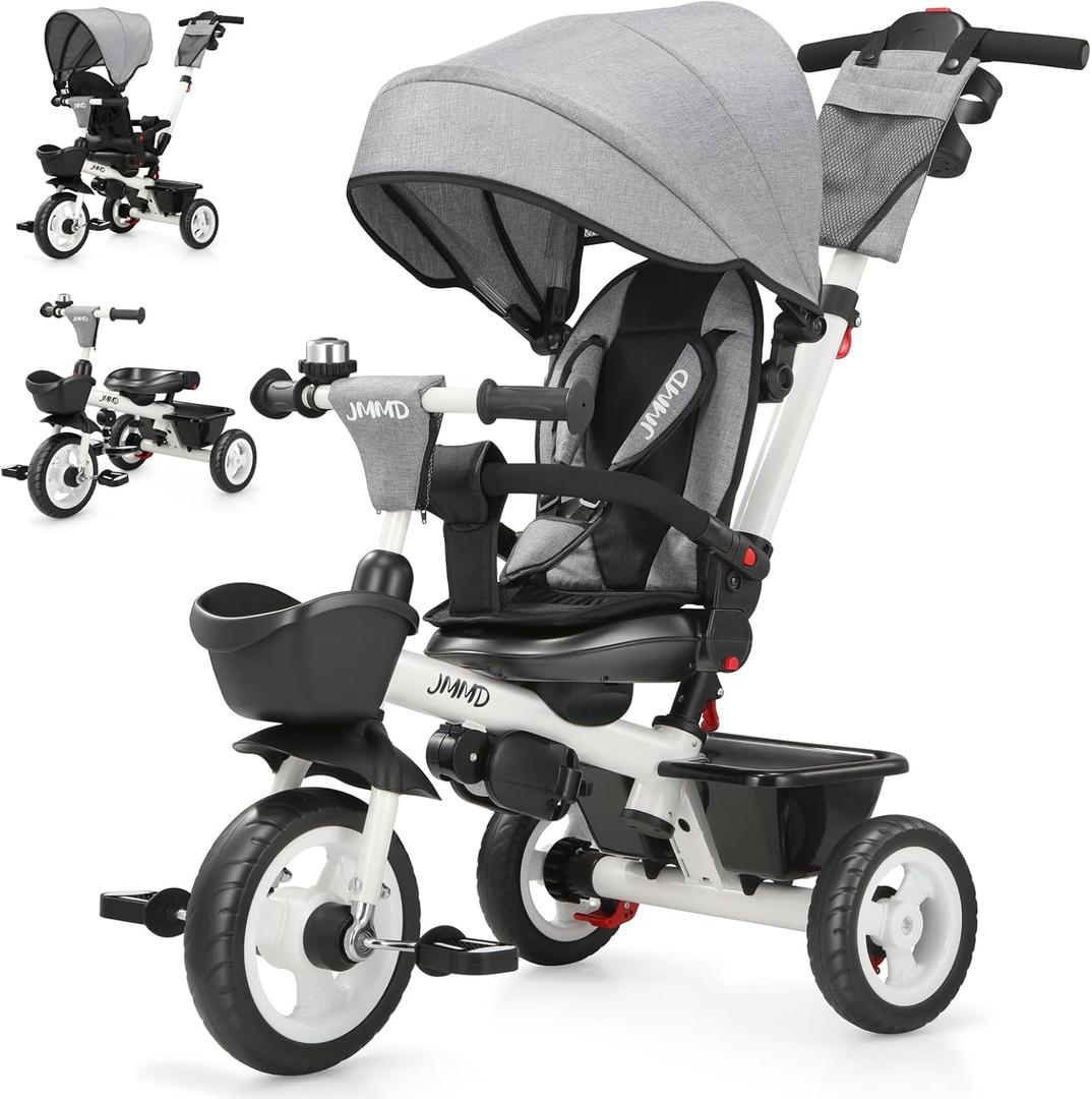 JMMD 7 in 1 Tricycle Stroller with Push Handle, Baby Trike with 360 Swivel Seat, Reclining Backrest, All-Terrain Wheels, Dual Brakes, Canopy & Storage, Gift for Kids 18 Months to 5 Years, Gray